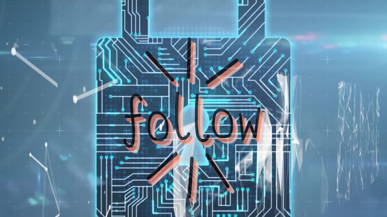 Animation of follow text banner over multiple folder icons and security padlock icon