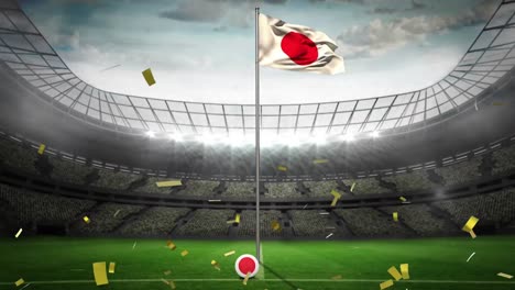 animation of confettig falling over flag of japan and sports stadium