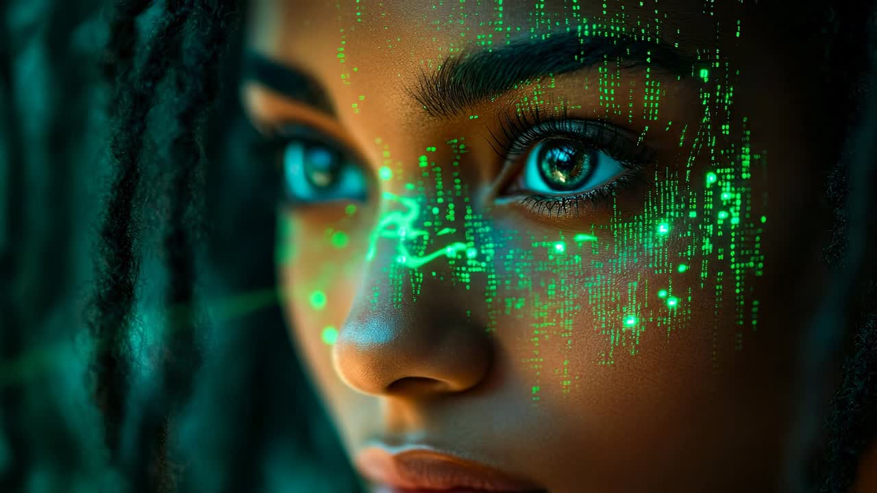 Ragazza con effetti digitali sul viso. Una ragazza guarda dritto davanti a sé con linee digitali verdi sul viso. I suoi occhi mostrano concentrazione e curiosità.