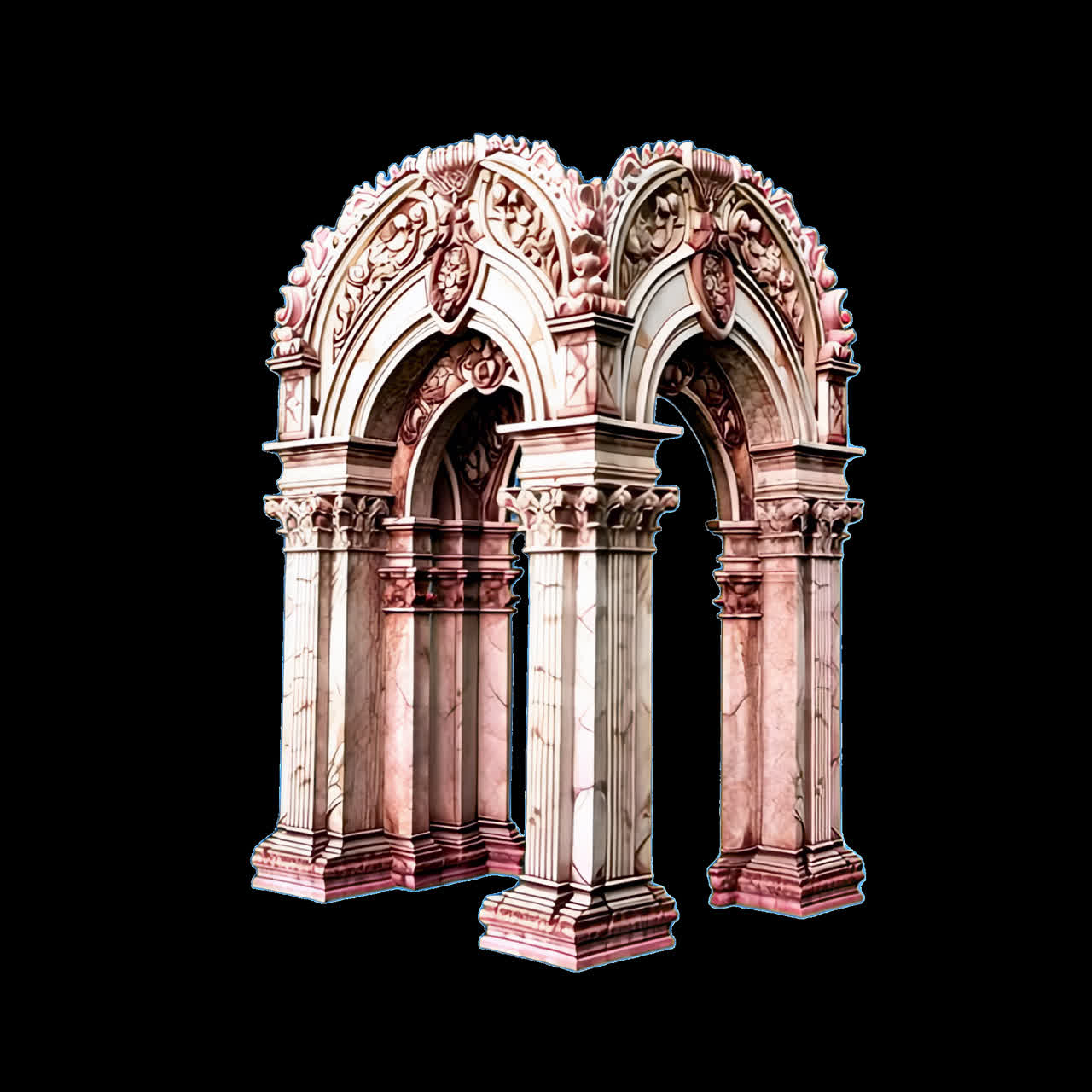 Risorsa animata e isolata di arco architettonico storico e decorato, video 4K trasparente, canale alfa