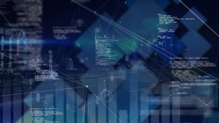 Animation of network of financial data and graphs over data processing on blue screen