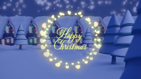 Animation-of-christmas-greetings-text-in-fairy-lights-frame-over-christmas-winter-scenery