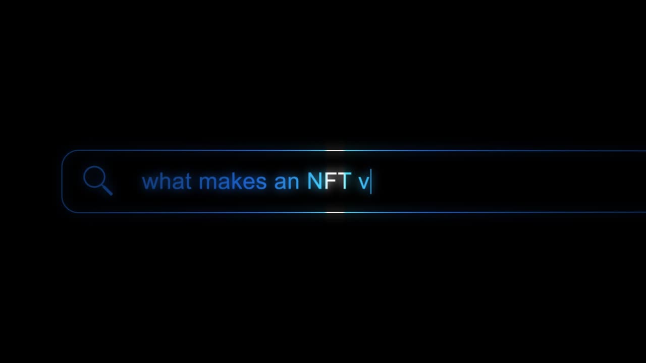 Search bar typing question - What makes an NFT valuable? on a Black Background. NFTs are valuable because they verify the authenticity of a non-fungible asset. Futuristic Background. 4K