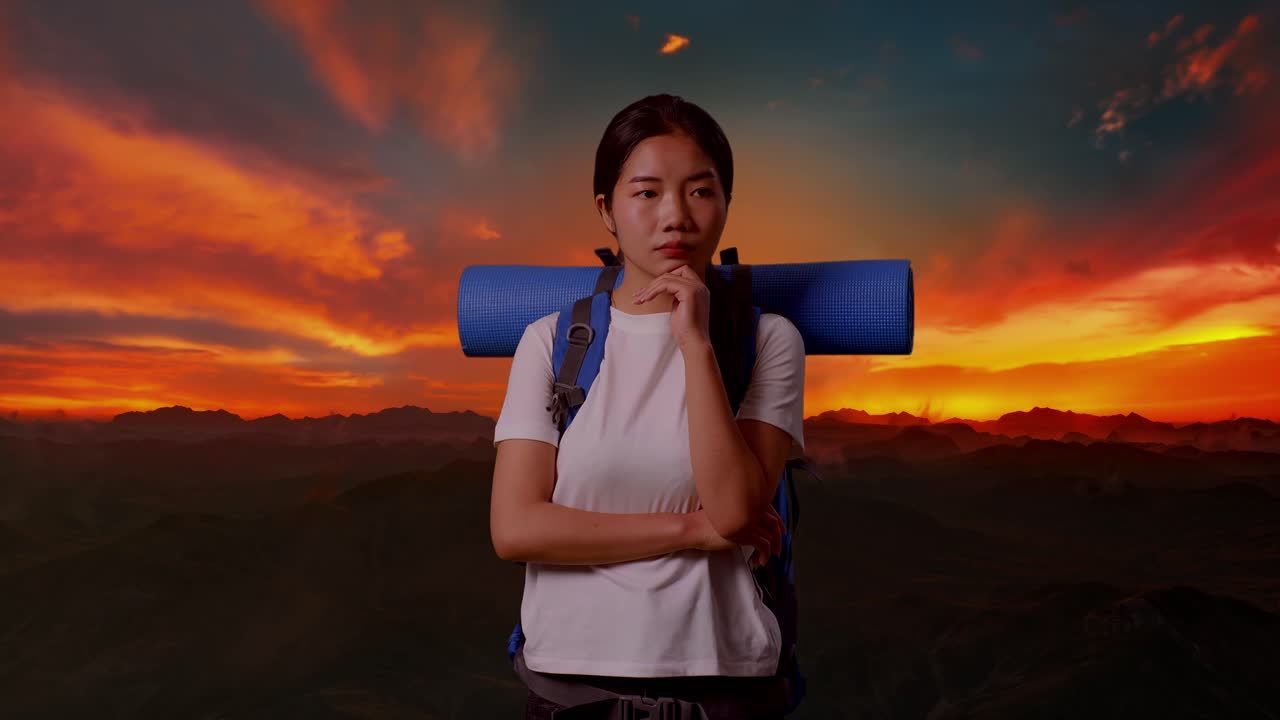 해가 지는 동안 사려 깊은 산책자