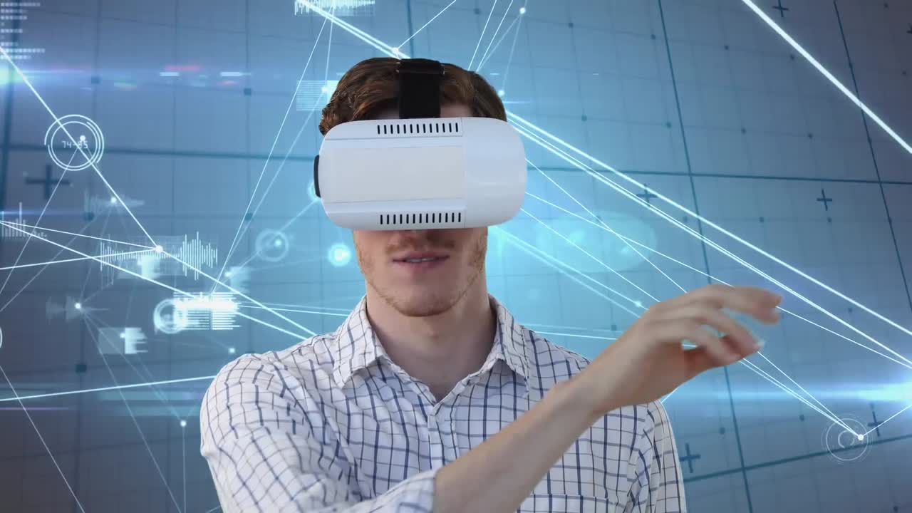 animación de un hombre de negocios con auriculares vr y una red de conexiones a través del procesamiento de datos