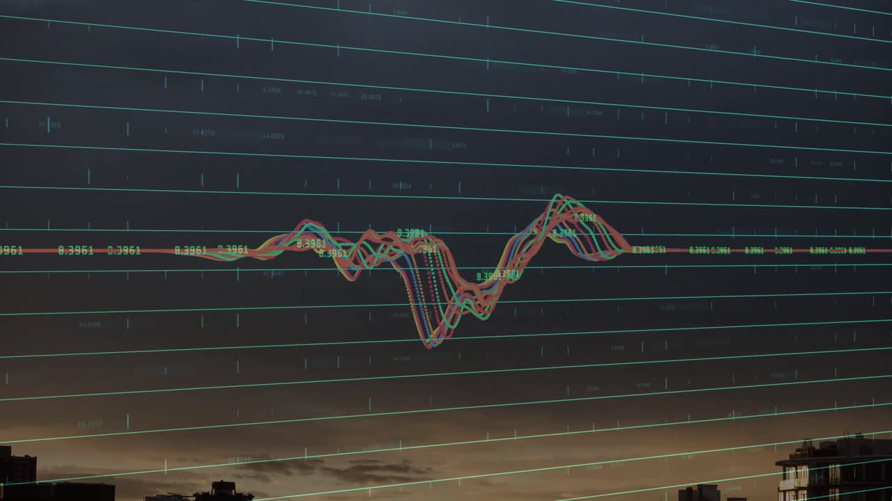 Animation of finacial data processing over cityscape