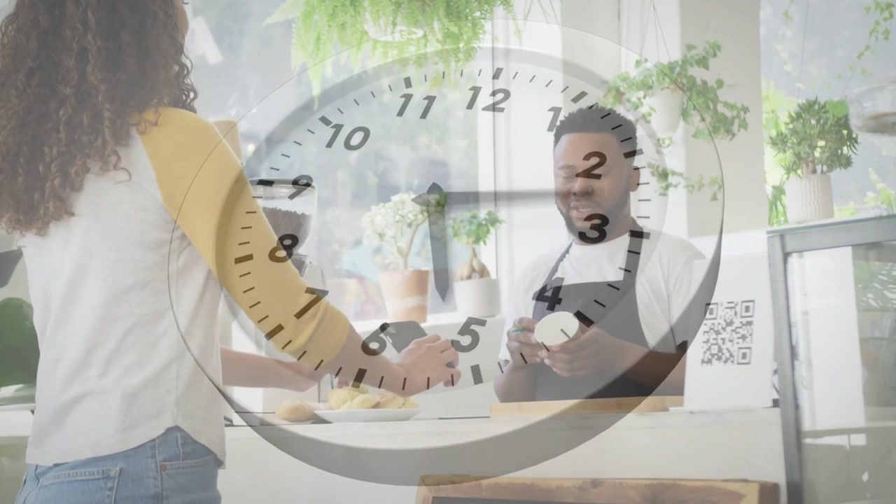 Barista entregando una taza mientras un cliente presenta su tarjeta y paga en una cafetería, con un reloj animado que cambia.