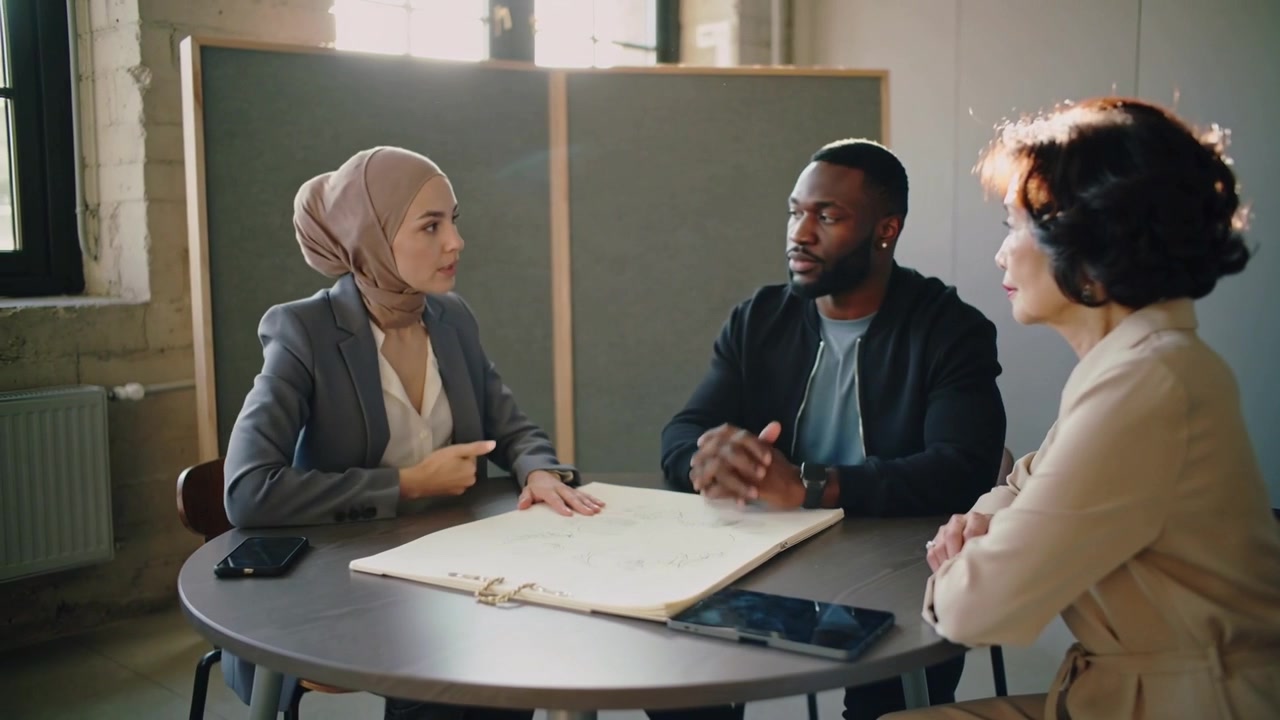 Opening portfolio, headscarf woman presenting designs for project review at round table