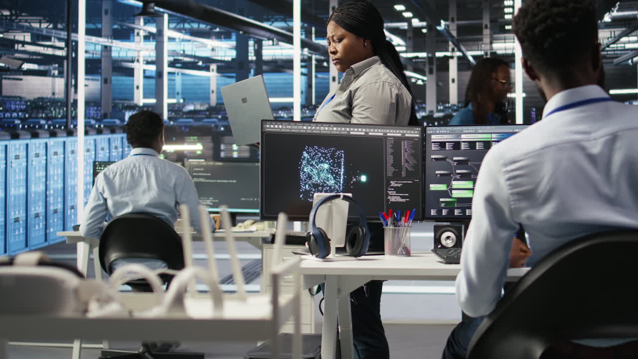 Data center admin using laptop to do node tree programming