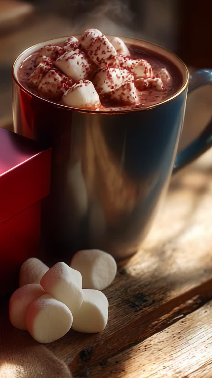 A Cozy Cup of Hot Chocolate Topped with Fluffy Marshmallows on a Rustic Wooden Table, Perfect for a Warm Winter Treat or a Comforting Beverage to Savor with Friends and Family