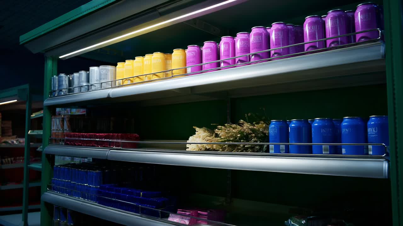 Colorful Beverage Displays with Cans in Various Shades Arrange Neatly on Grocery Store Shelves, Highlighting the Vibrant and Aesthetic Appeal of Modern Retail Spaces