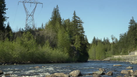 Free-Flowing-Waters-On-A-Rocky-Riverbank-Surrounded-By-Lush-Green-Plants-Near-The-Road---Medium-Static-Shot