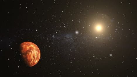 un planeta rojo iluminado por el sol en el gran universo