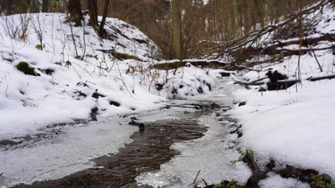 arroyo que fluye con costas heladas en un bosque nevado en invierno, camión a la izquierda