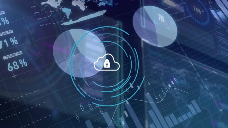 Animation of padlock and cloud icon and computer data processing over dark background