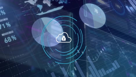 animation of padlock and cloud icon and computer data processing over dark background