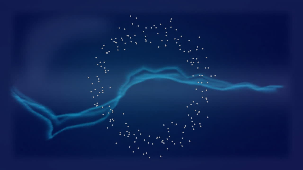 Circular particle motion and wave animation over dark blue background