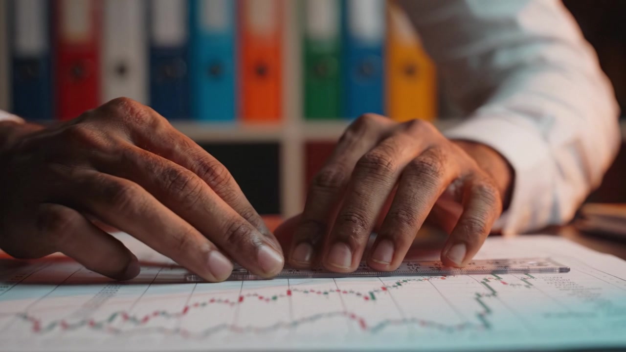 Analyzing Financial Data: A Close-Up of Hands Measuring Market Trends on a Document with Colorful Binders in the Background