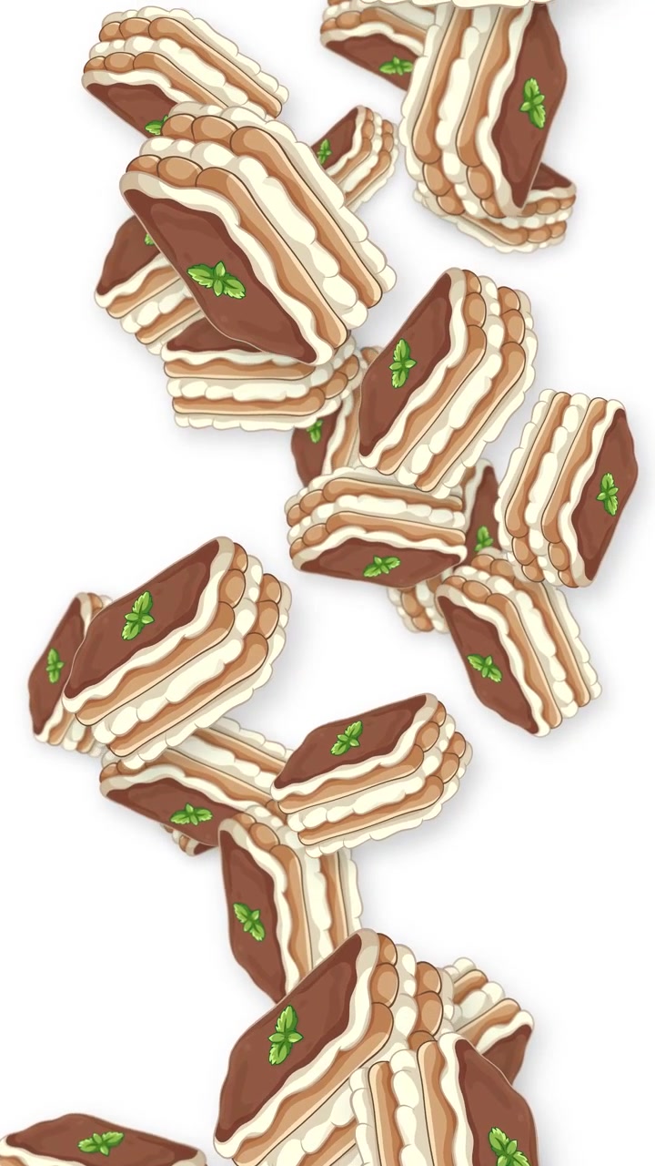 Animated slices of tiramisu cake with mint leaves fall vertically against a white background.