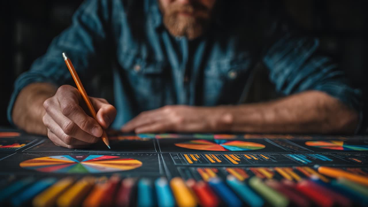 A Focused Individual Analyzes Colorful Data Visualizations with Pencil, Engaged in an Analytical Process Right Amidst Vibrantly Designed Charts and Graphs