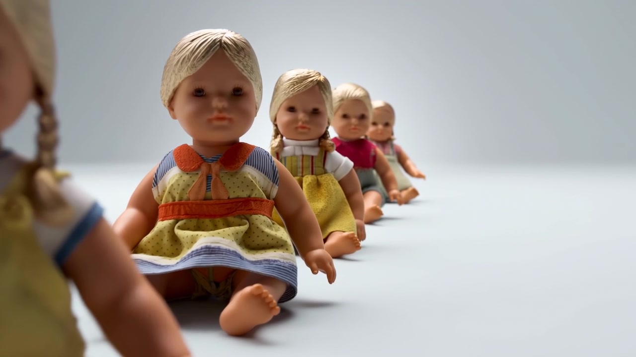 Studieoptagelse i lav øjenhøjde med bevægelse, der viser fem siddende plastikdukker arrangeret diagonalt fra venstre forgrund mod højre baggrund