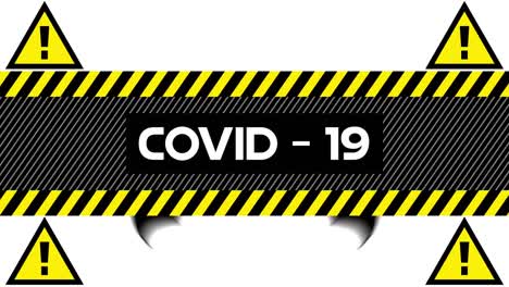 animatie van waarschuwingstekst covid 19, met gevaren driehoeken over vleermuis, op wit