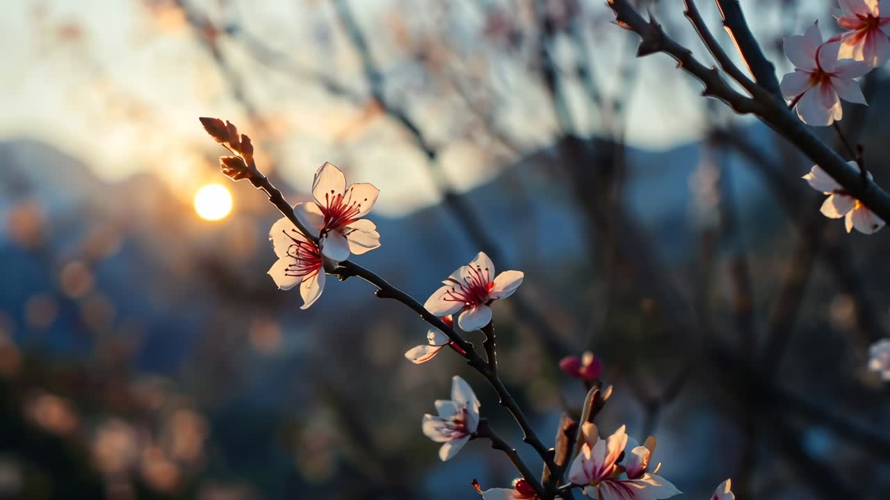Primo piano di fiori di ciliegio contro un tramonto, ripreso dal basso