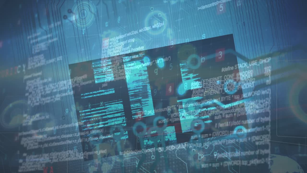 Animation of digital data processing over dark background