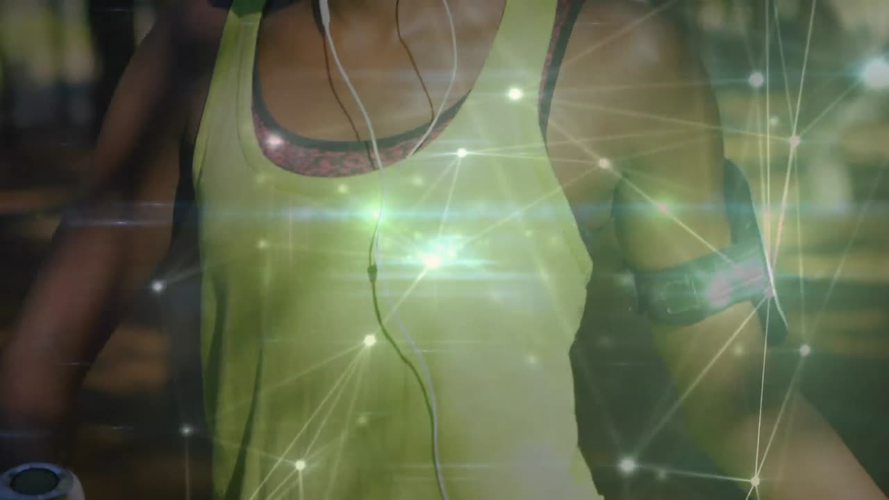 animación de la red de conexiones sobre el ejercicio de estiramiento de la mujer en el bosque