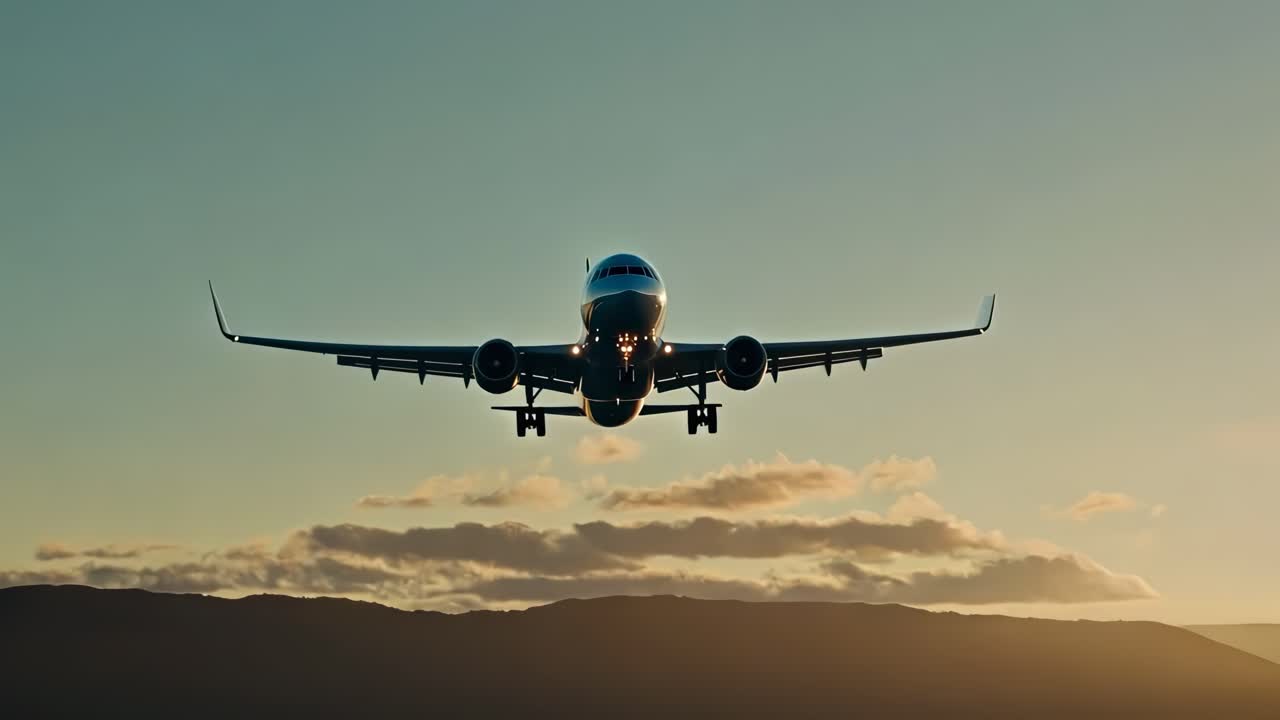Un fotogramma video di un aereo che vola verso la camera al tramonto, ripreso frontalmente
