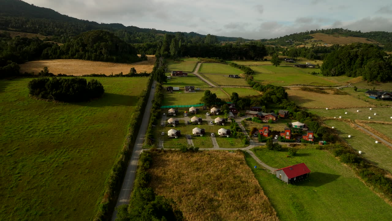 Countryside Landscape With Fields And Houses In Puerto Varas, Chile - Aerial Drone Shot