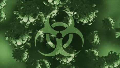 Animation-Des-Biohazard-Symbols-Und-Mehrerer-Covid-19-Zellen,-Die-Vor-Grünem-Hintergrund-Schweben