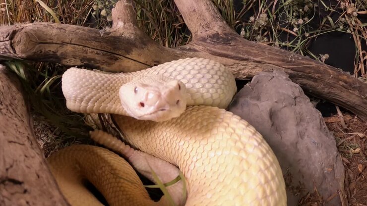 serpente a sonagli albino western diamondback che sferraglia e fa scorrere la lingua avvicinandosi alla telecamera pov estremamente vicino slomo