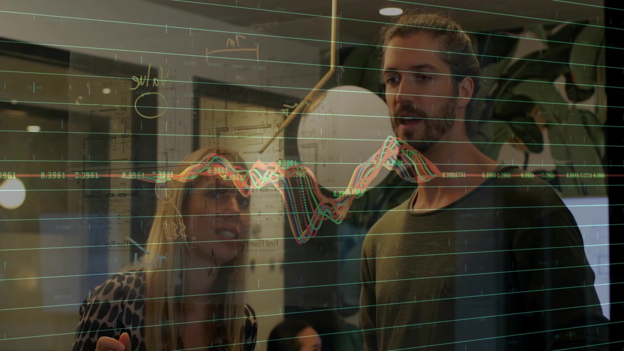 Man pointing at colorful chart peak, woman tapping glass board and analyzing business trend