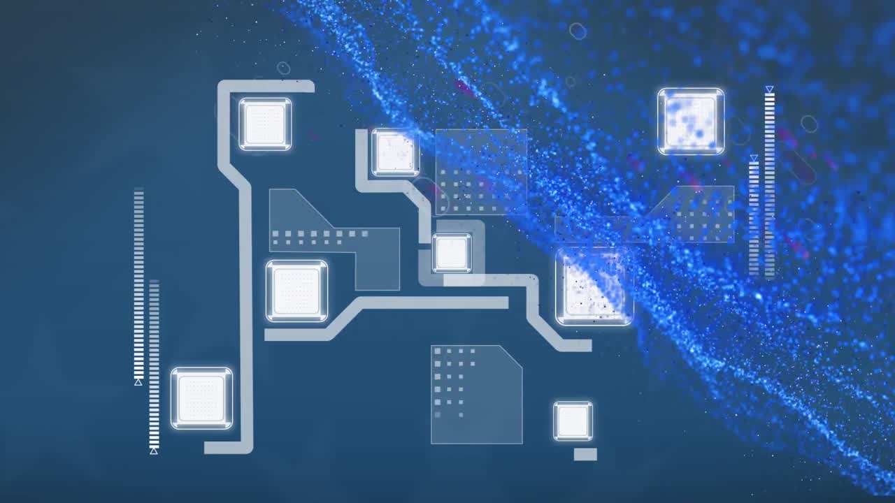 파란색 배경에 연결 네트워크를 통해 파란색 빛 트레일의 애니메이션