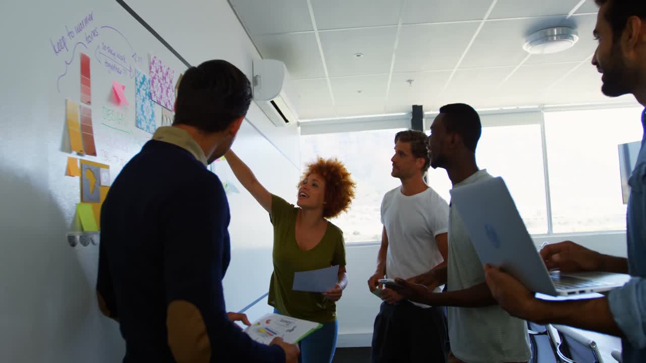 Team of executives discussing over sticky notes on whiteboard
