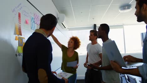 Team-of-executives-discussing-over-sticky-notes-on-whiteboard