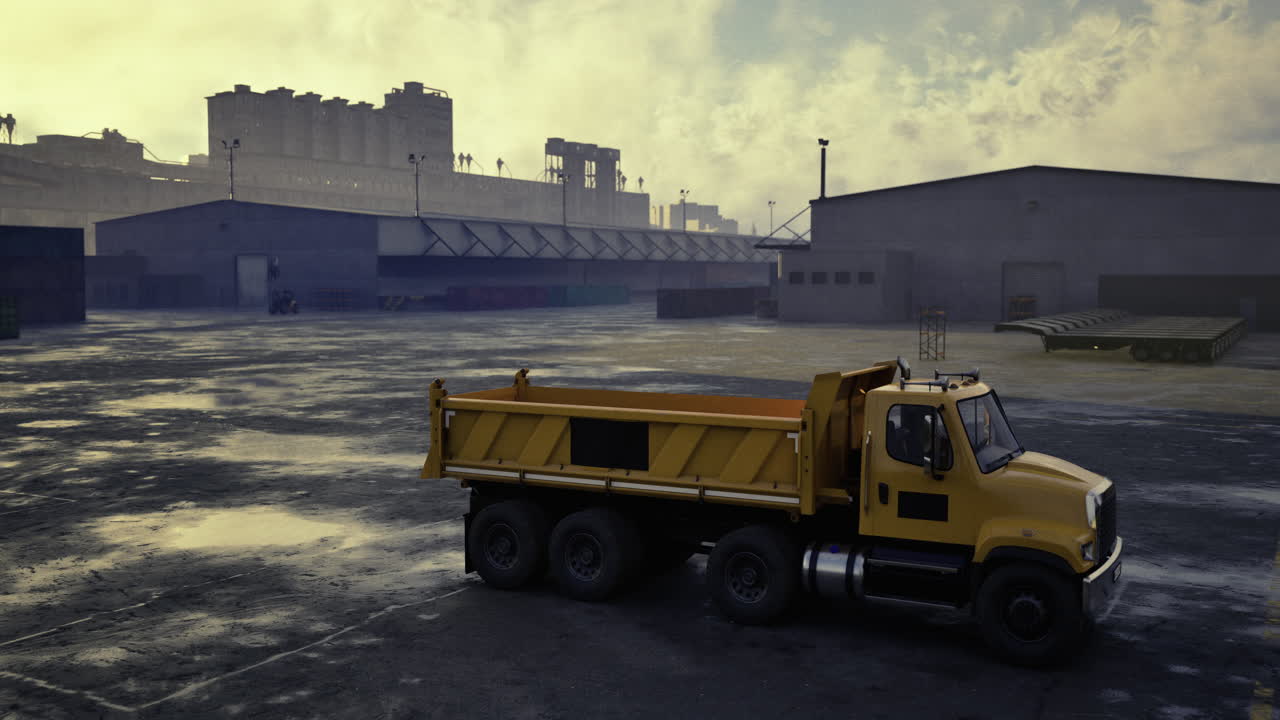 Yellow dump truck parked at an industrial site during cloudy weather