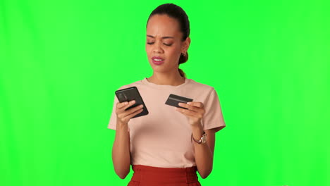 Credit-card,-phone-and-woman-on-green-screen