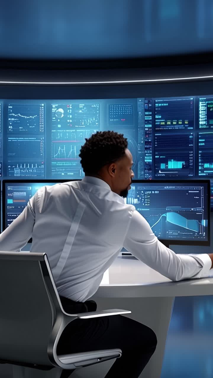 A focused analyst monitors multiple data visualizations on high-tech screens from a modern control room, gathering insights for strategic decision-making