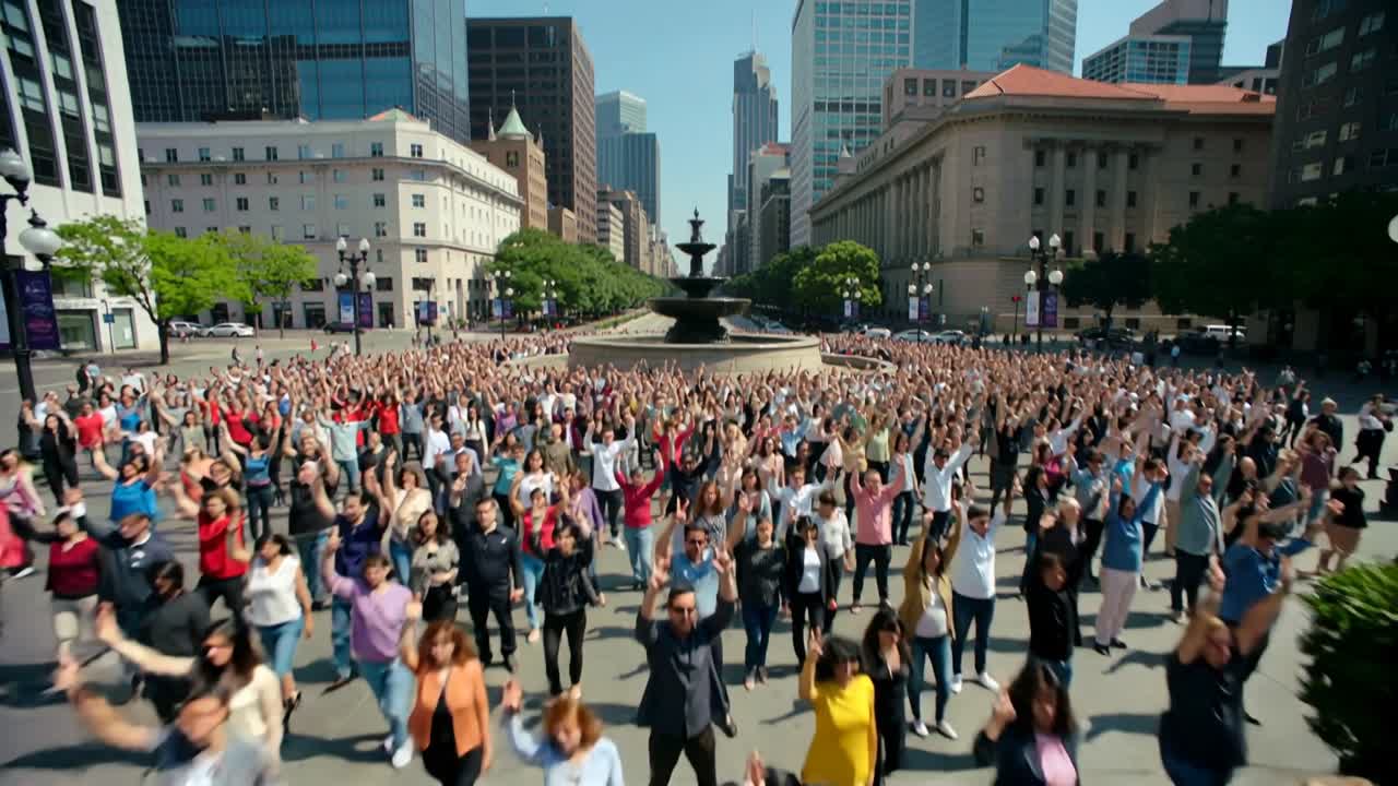 Una multitud camina avanzando hacia la cámara en la plaza de una ciudad, a la señal levantan los brazos cerca de la fuente central.
