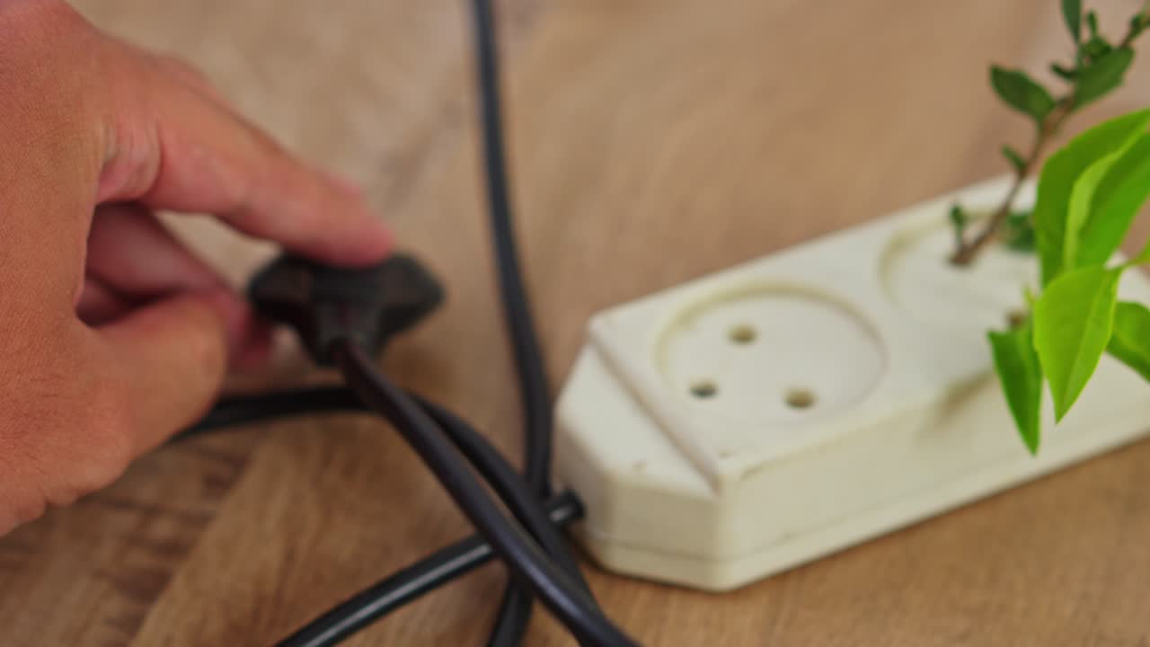 Close up hand pulling out power plug from socket with green plant growing inside
