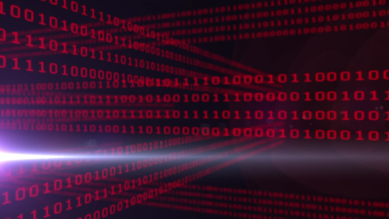 Animation of light trails and binary code on black background