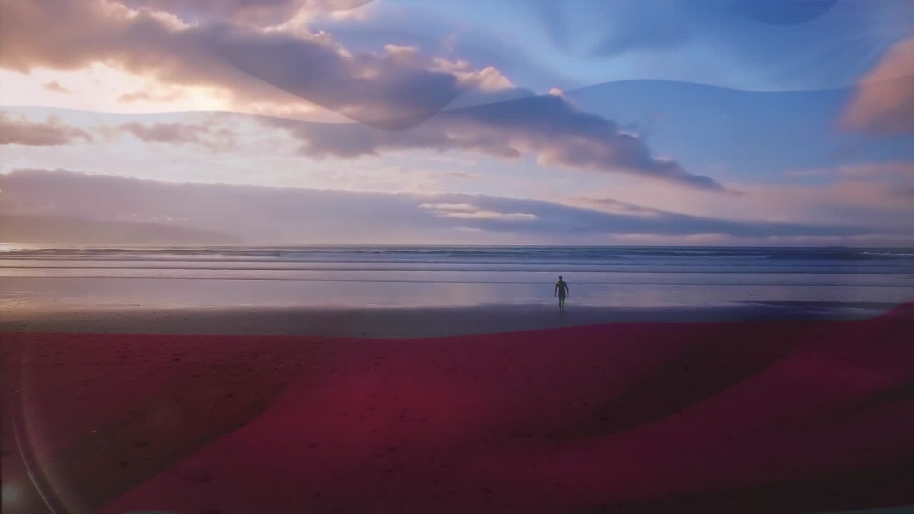 Animation of loading euro sign, changing numbers over man walking with surfing board towards ocean