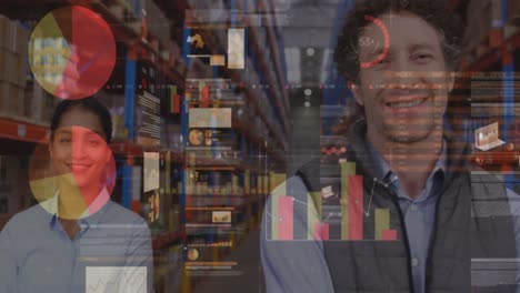 Screens-with-data-processing-against-diverse-male-and-female-supervisors-smiling-at-warehouse