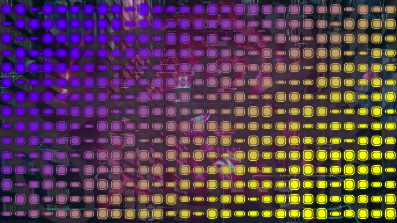 Animazione di quadrati viola e gialli su forme e dati sullo sfondo