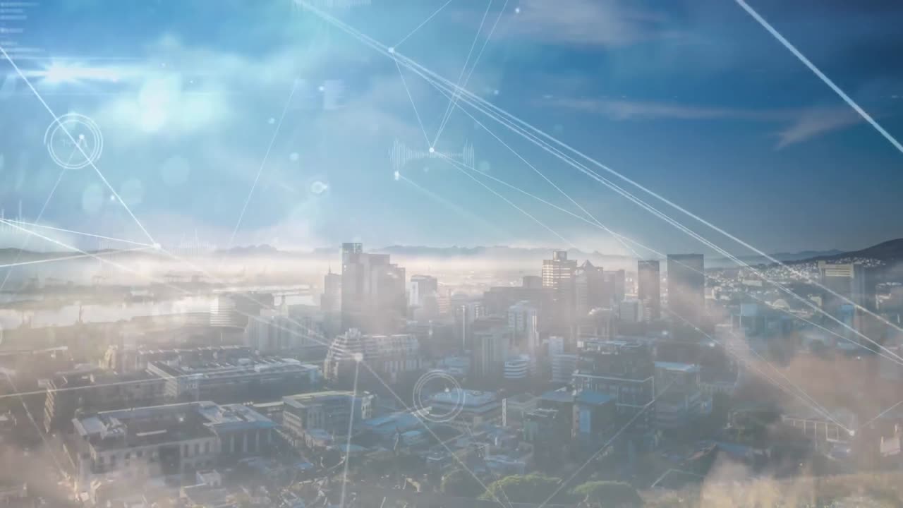 도시 풍경에 대한 연결 네트워크와 데이터 처리의 애니메이션