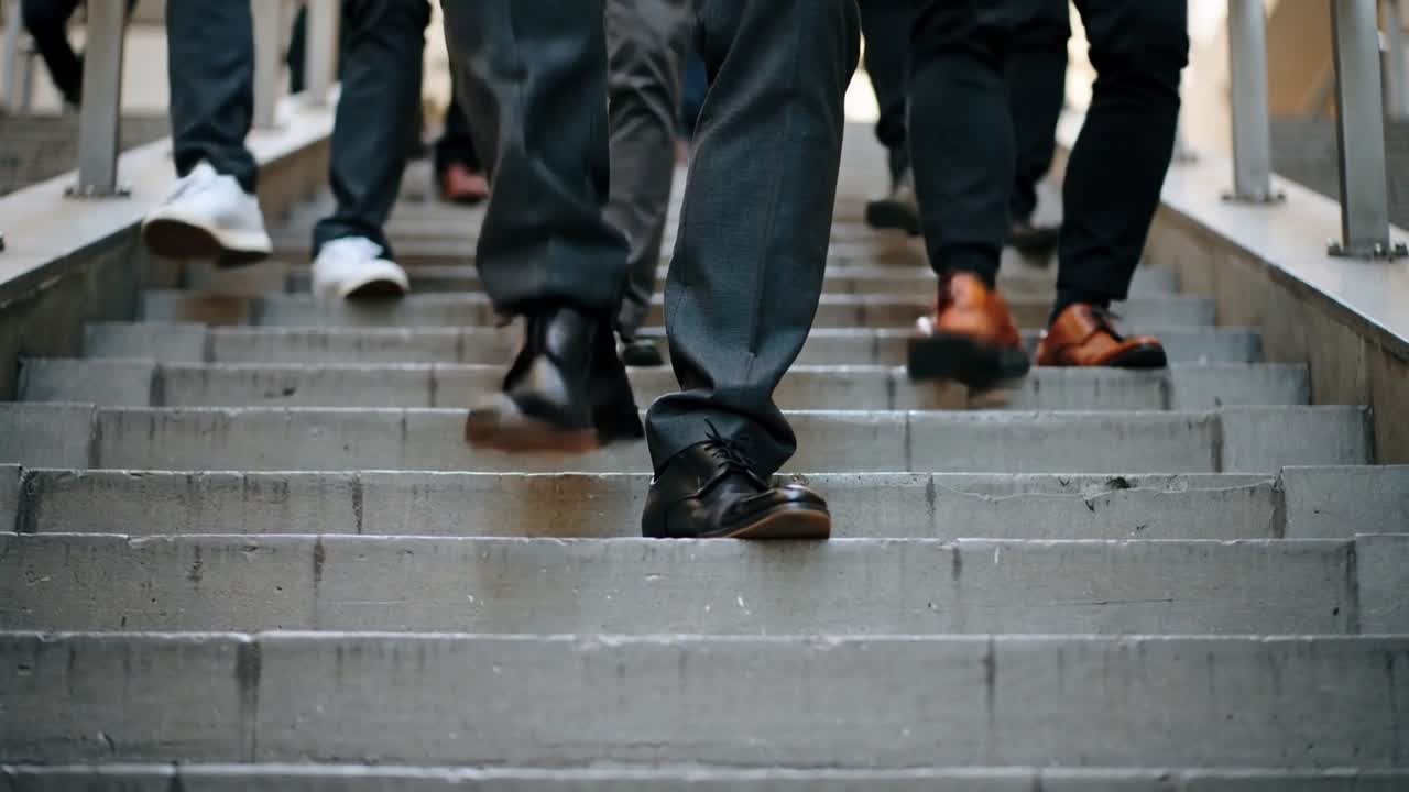 Giunto in cima, scende i gradini centrali delle scale, con scarpe nere, diretto al lavoro.