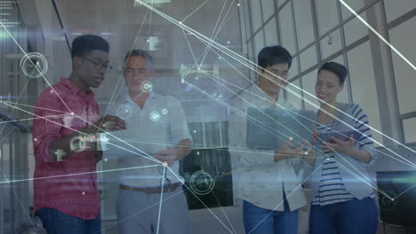 animation of network of connections over diverse female and male coworkers in office