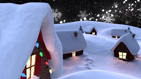 Animation-of-winter-scenery-with-decorated-houses-on-black-background